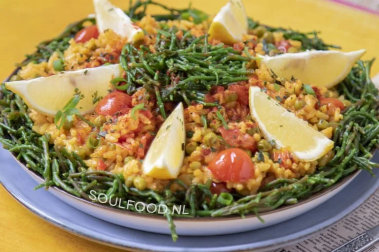 vegan paella with lemon and samphire recipe
