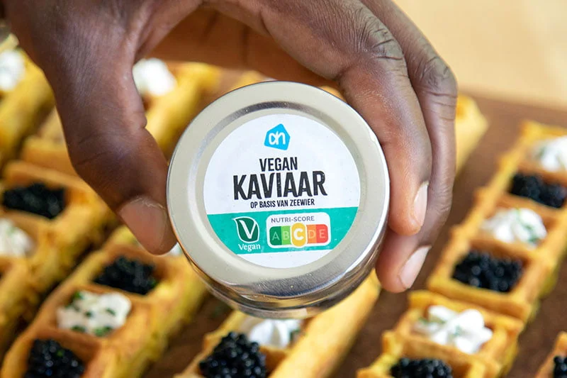 pompoen wafels met vegan kaviaar veganistisch pumpkin wafflesticks