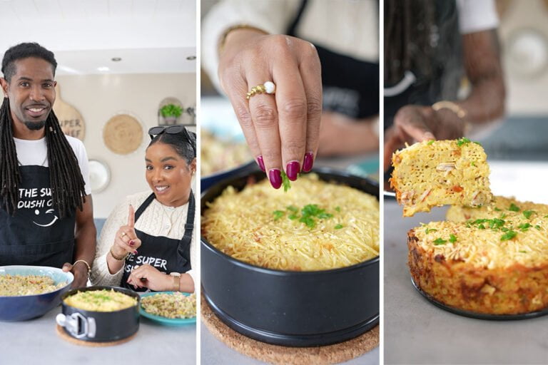 macaronitaart met ham, kaas en kip. Caribbean Macaroni pie