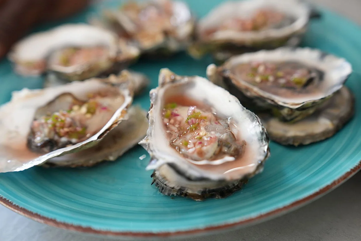 Spicy oysters with jalapeño vinaigrette. With red wine vinegar from Tromp and Rueb