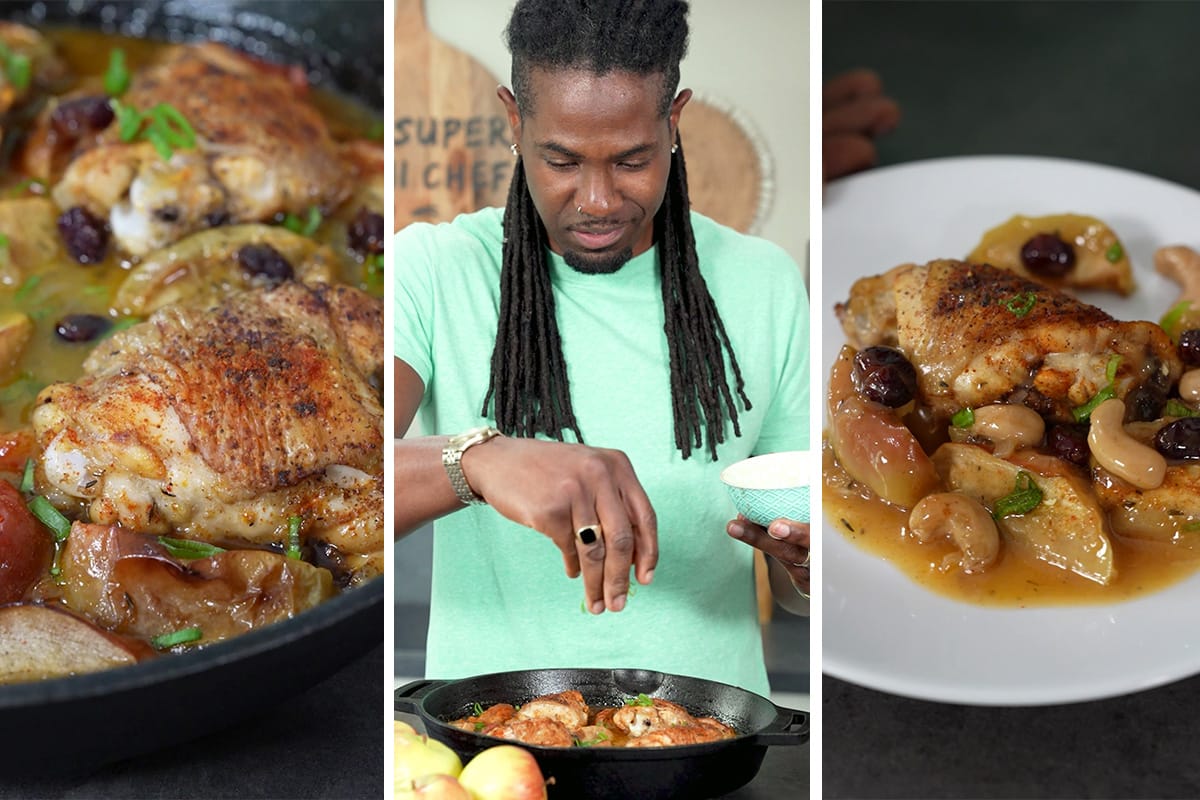 kip met appel en cranberry's. In een saus van witte wijn.