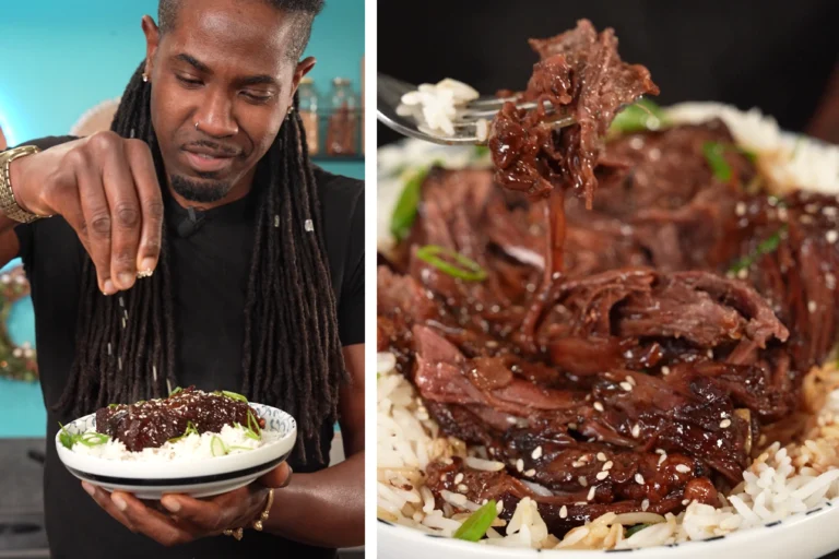 Boterzachte sweet & sticky runder short ribs in glanzende sojasaus, geserveerd met rijst, bosui en sesamzaadjes.