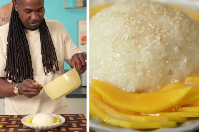 Zelfgemaakte Thaise mango sticky rice met verse mango, romige kokosrijst, kokossaus en sesamzaadjes op een wit bord.