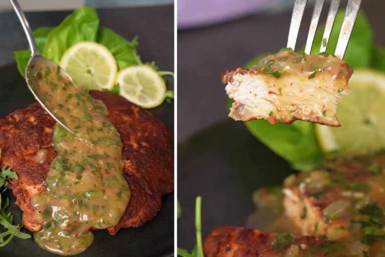 Goudbruin gebakken kipfilet met een krokant kaaskorstje, overgoten met romige citroensaus en verse peterselie.