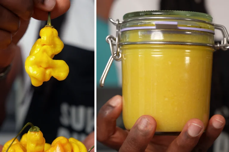 Lemon hot sauce in een glazen pot met verse citroenen en Madame Jeanette pepers op de achtergrond.